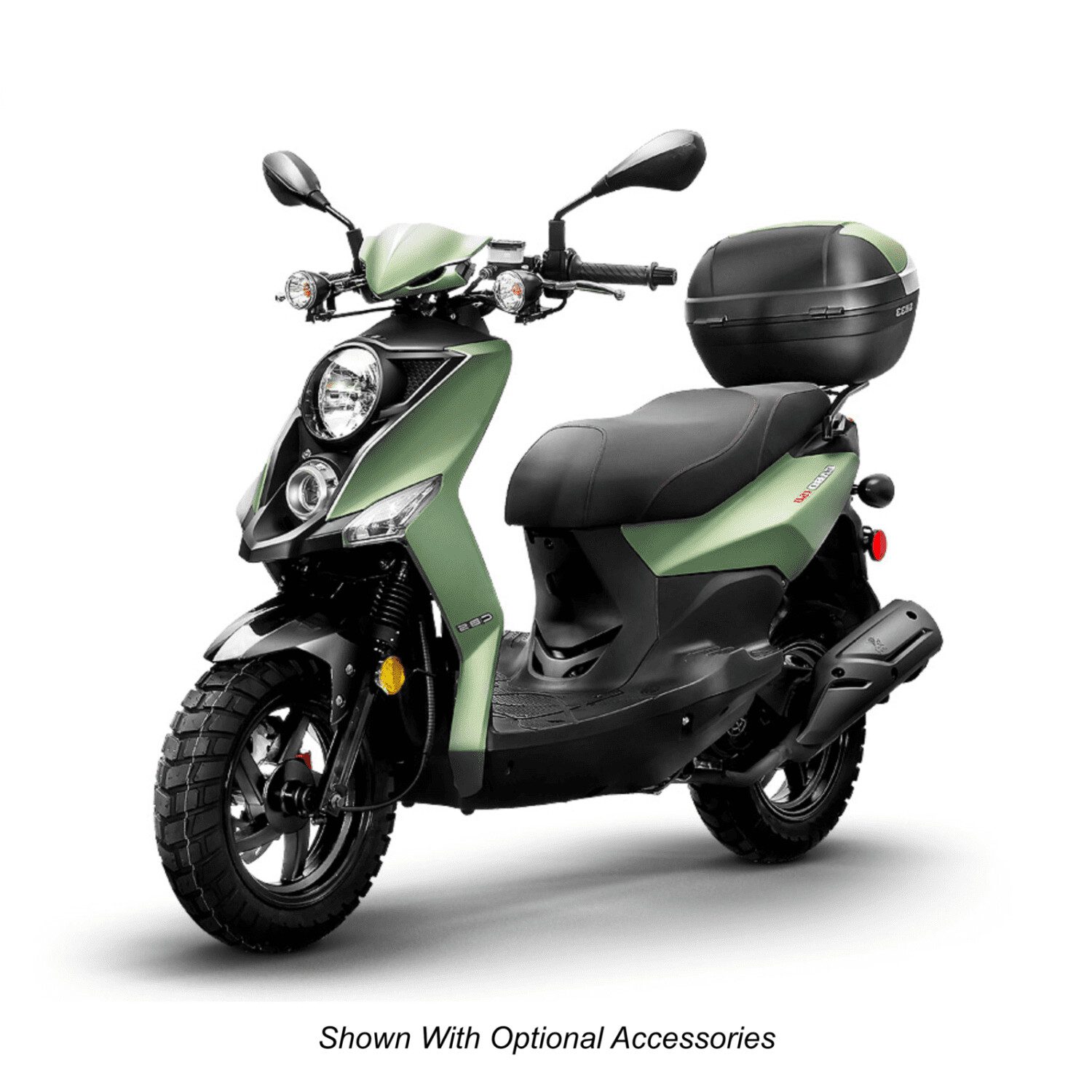 A green scooter with a black seat and wheels.