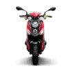 A red scooter with black handlebars and front lights.