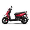 A red scooter is parked on the ground.