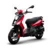 A red scooter is parked on the ground.