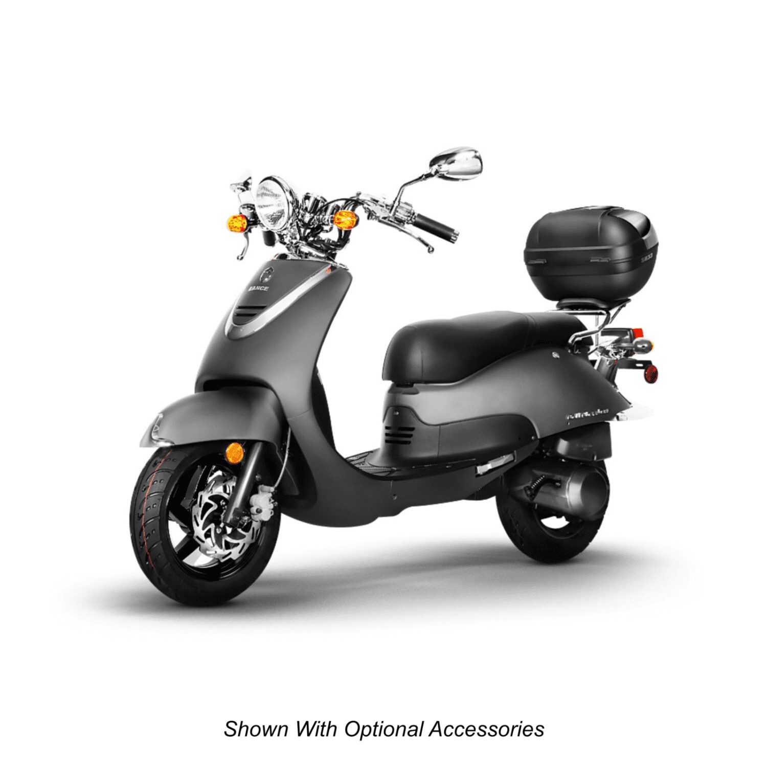 A black scooter with a seat on the back.