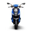 A blue motorcycle is shown with its front lights on.