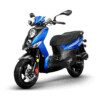 A blue scooter is parked on the ground.