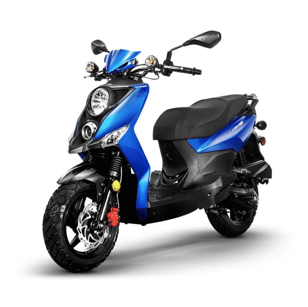 A blue scooter is parked on the ground.