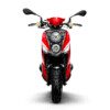 A red scooter with black wheels and a white background