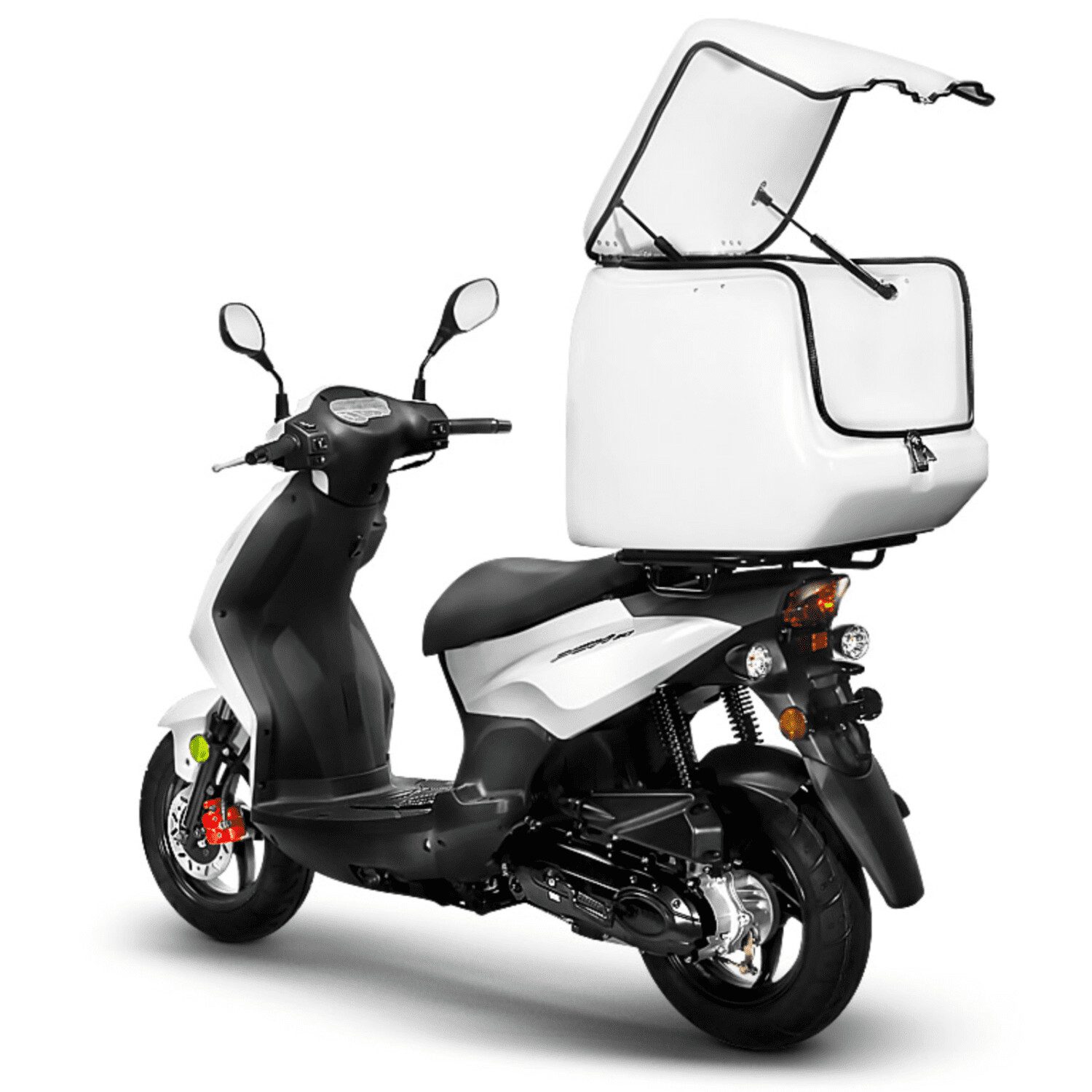 A scooter with a white box on the back.