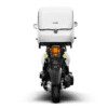 A motorcycle with a white box on the back.
