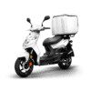 A white scooter with a large delivery box on the back.