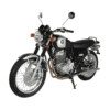 A motorcycle is parked on the ground and has its front wheel up.