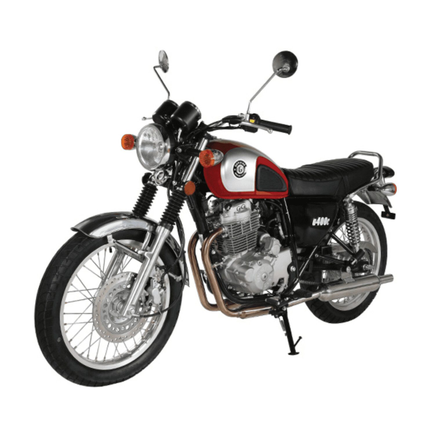 A red and black motorcycle is parked on the ground