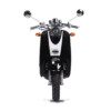 A black scooter with chrome handlebars and white wheels.