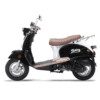 A black scooter with brown seat and white trim.