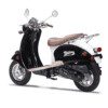 A black and white scooter with brown seat