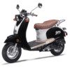 A black scooter with brown seat and chrome frame.