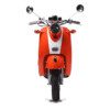 A close up of the front end of an orange scooter.