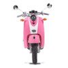 A pink scooter with chrome wheels and handlebars.