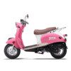 A pink scooter with brown seat and white back.