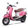 A pink scooter with brown seat and white trim.
