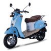 A blue scooter with brown seat and wheels.