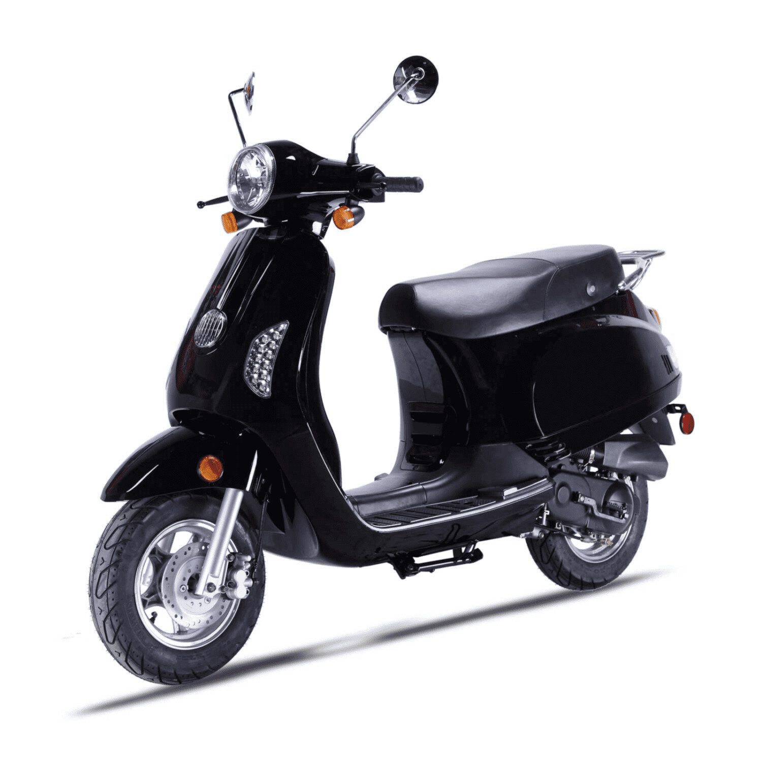 A black scooter is parked on the ground.