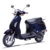 A blue scooter is parked on the ground.