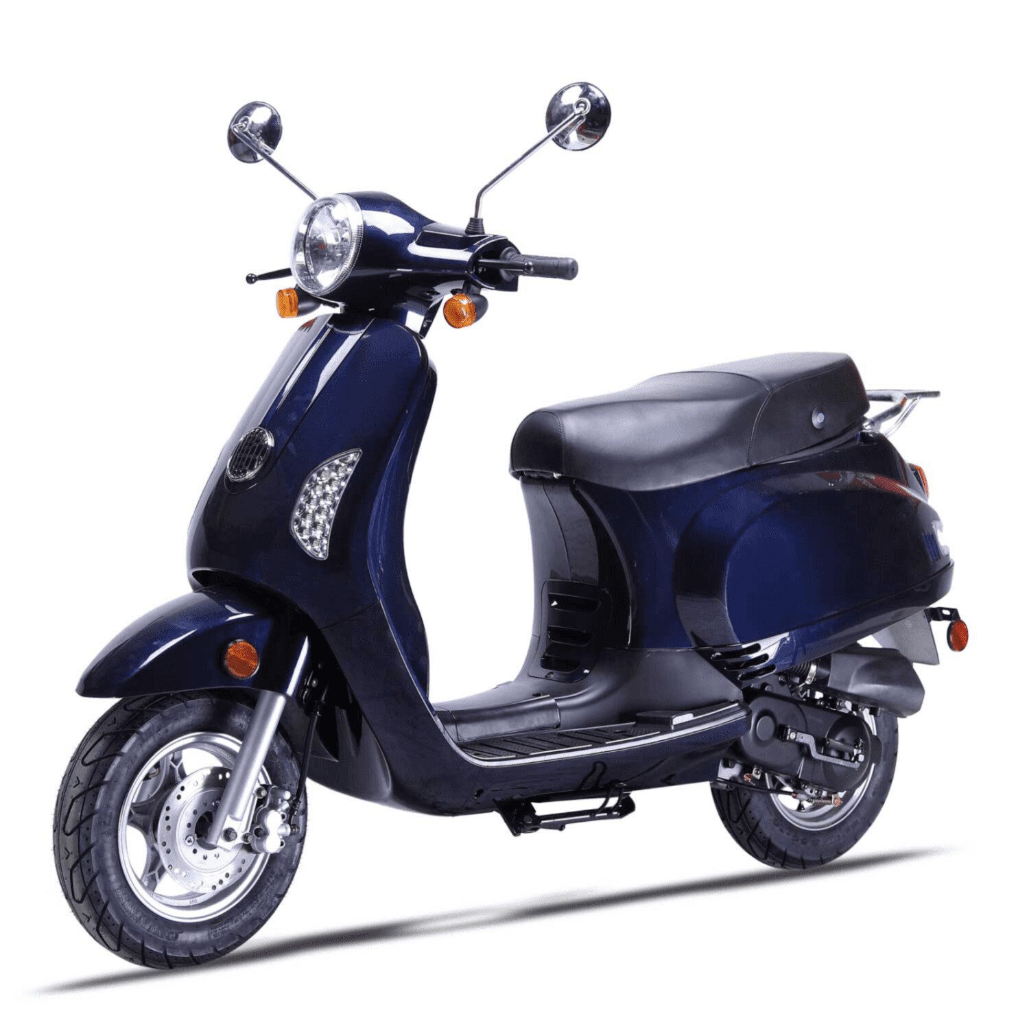 A blue scooter is parked on the ground.