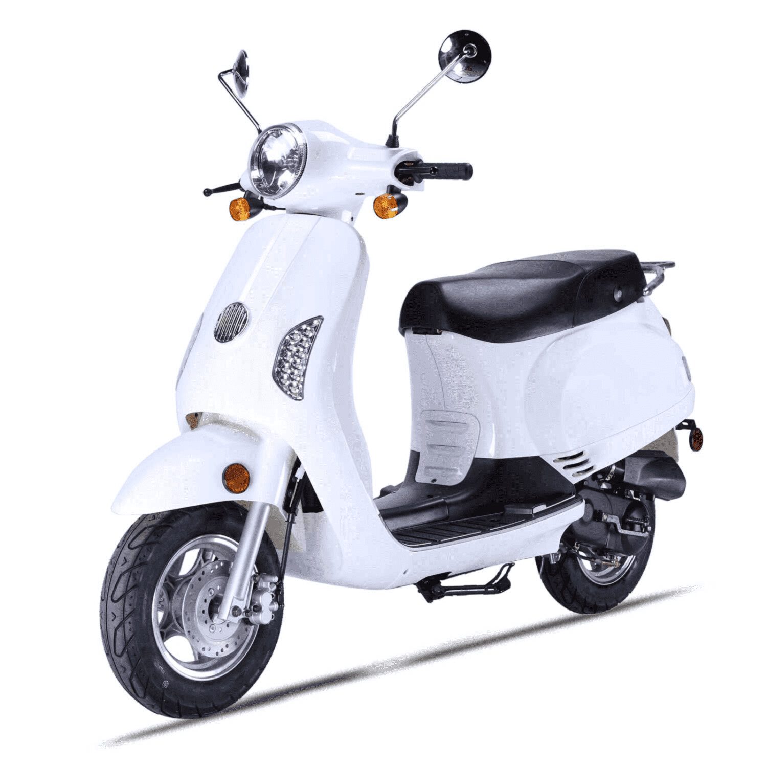 A white scooter is parked on the ground.