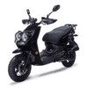 A black scooter with headlights on the front.