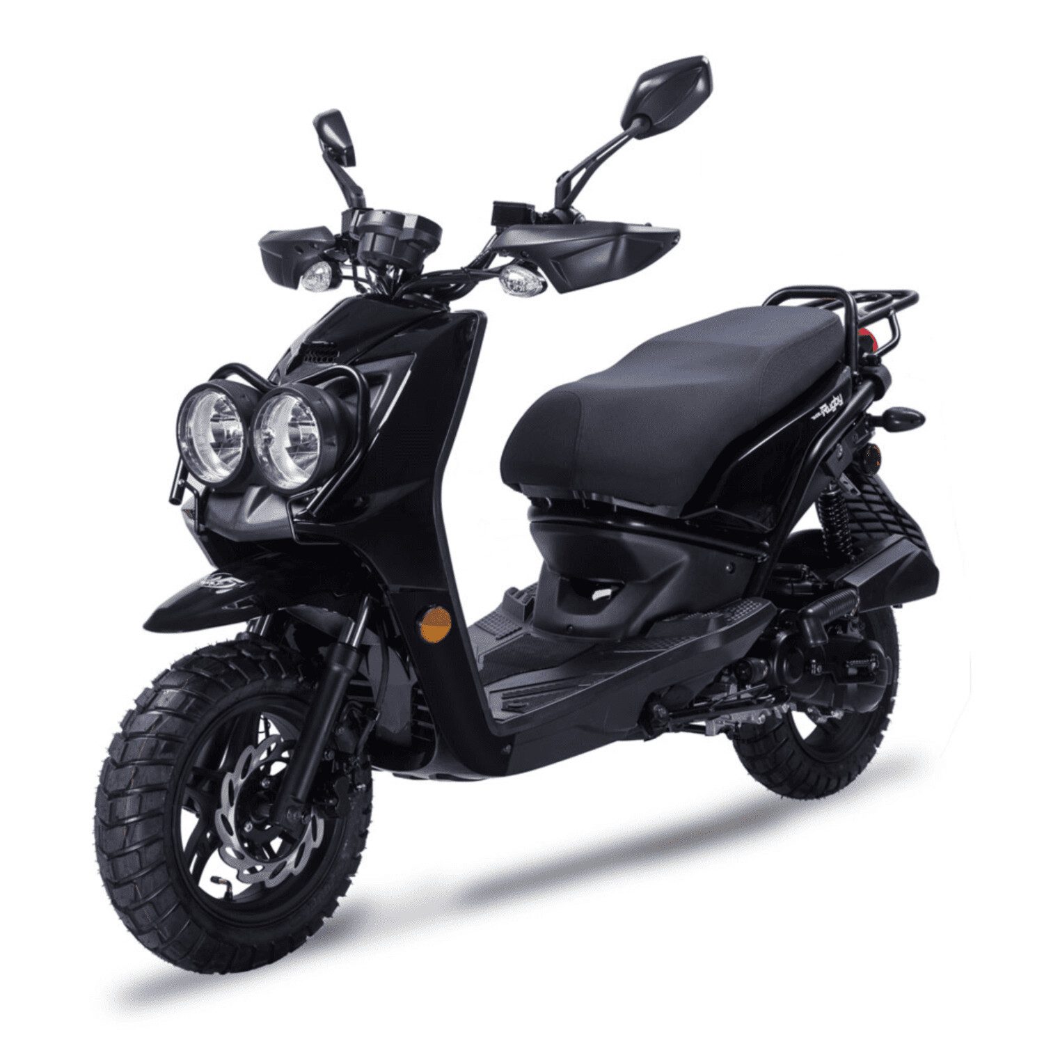 A black scooter with headlights on the front.