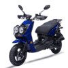 A blue scooter is parked on the ground.