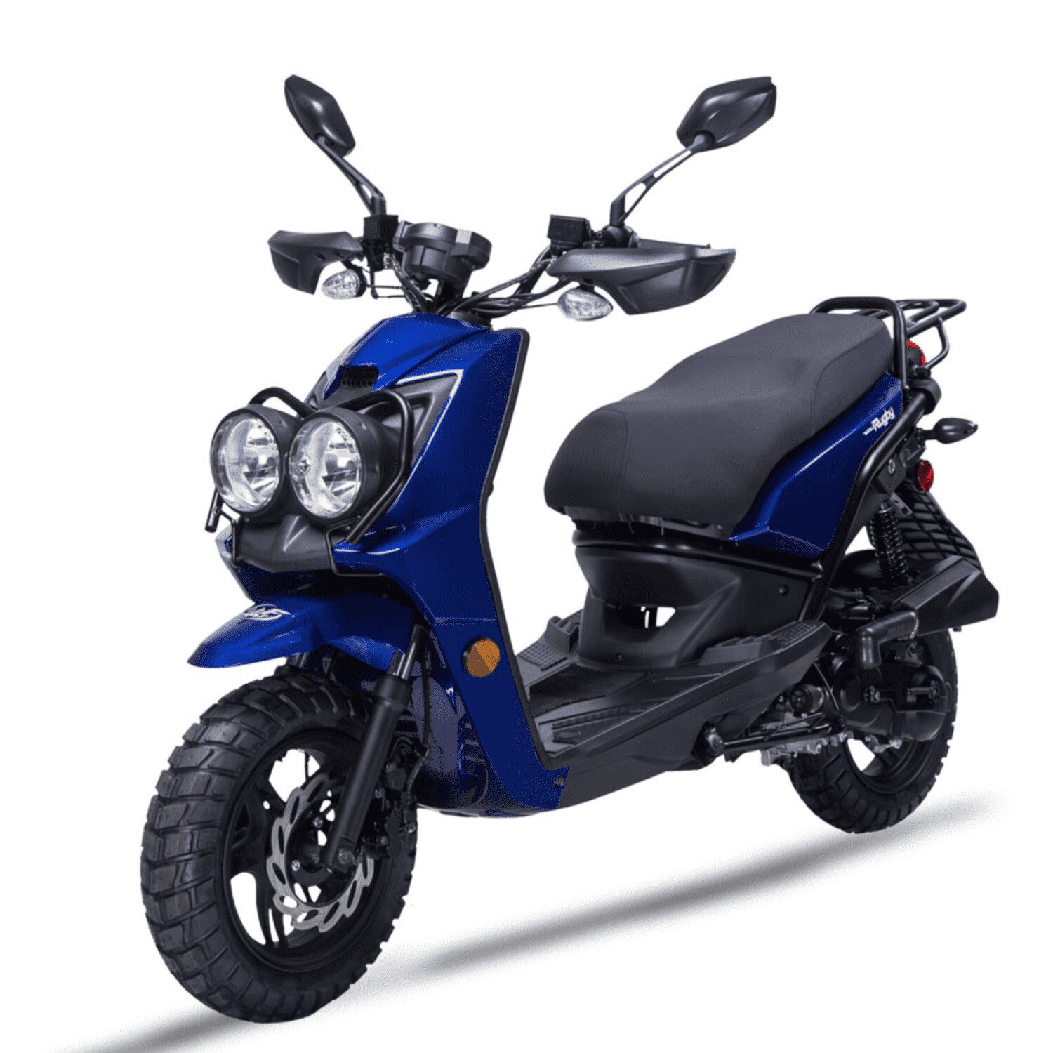 A blue scooter is parked on the ground.