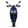 A blue motorcycle with two lights on the front.