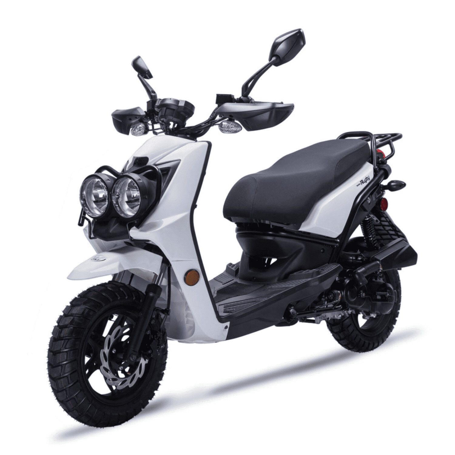 A white scooter with black seat and wheels.