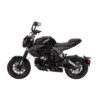 A black motorcycle is parked on the ground.