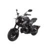 A black motorcycle is parked on the ground.