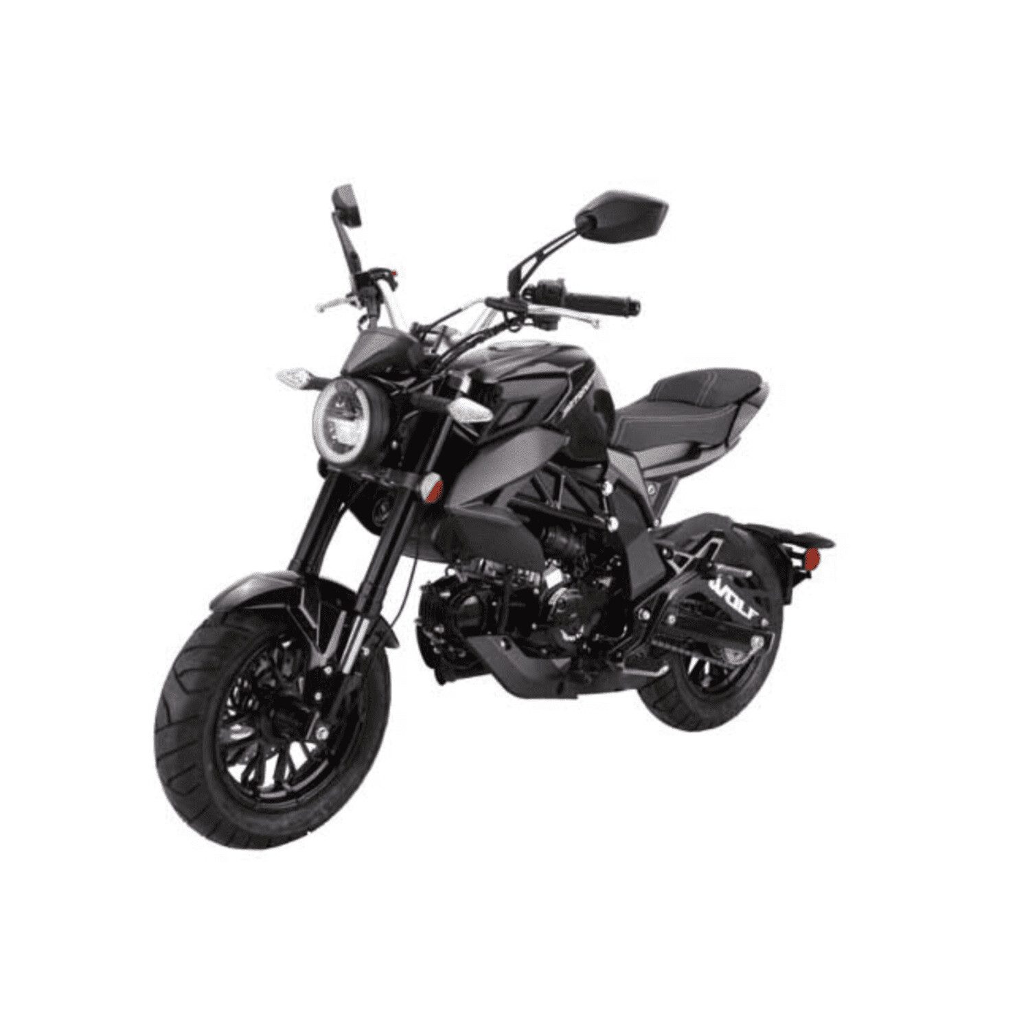 A black motorcycle is parked on the ground.