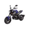 A blue motorcycle is parked on the ground.