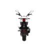 A motorcycle with two front forks and a red sticker on the side.