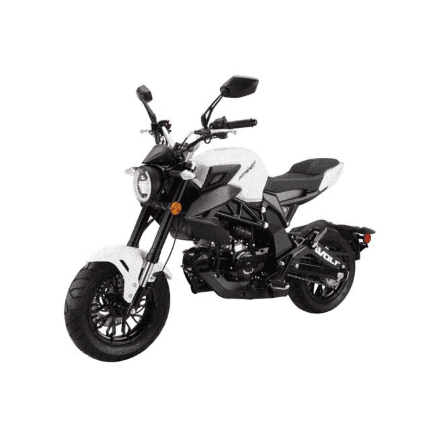 A white motorcycle is parked on the ground.