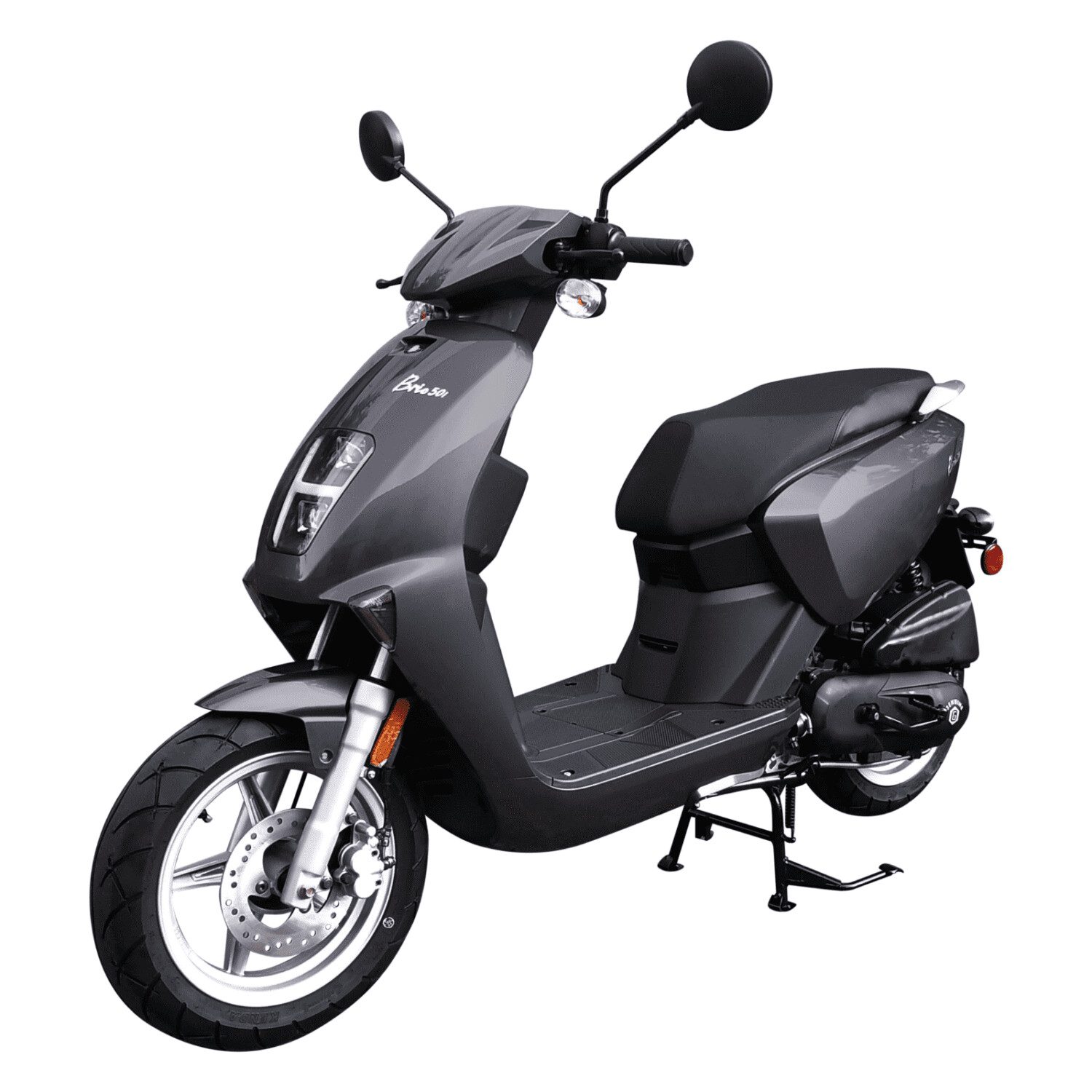 A black scooter is parked on the street.