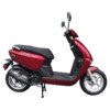 A red scooter is parked on the ground.