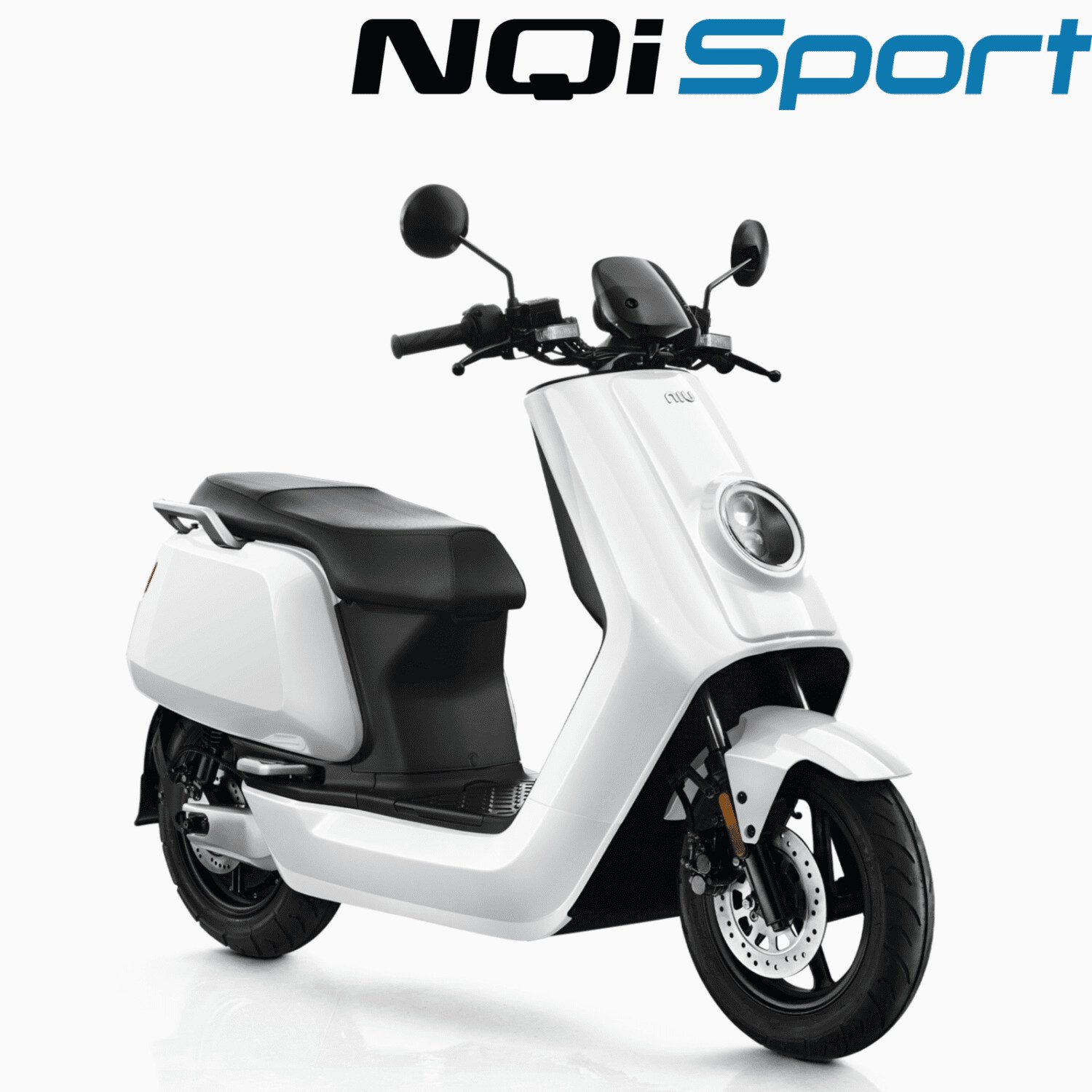 A white scooter is parked on the ground.