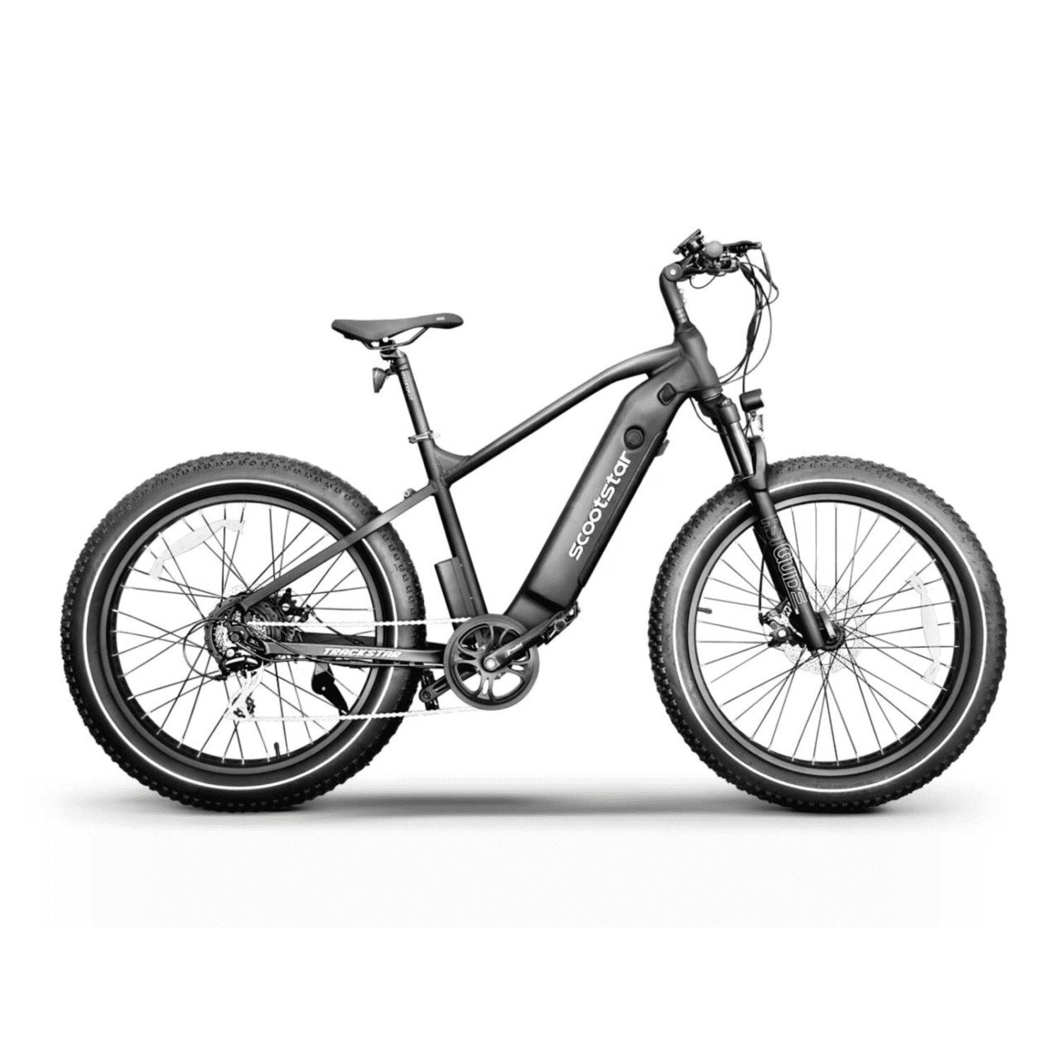 A black electric bike is parked on the ground