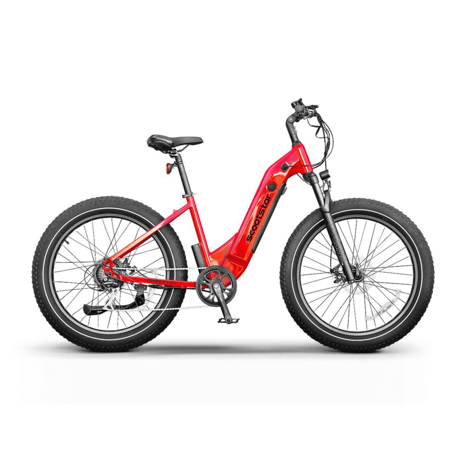 A red electric bike is parked on the ground.