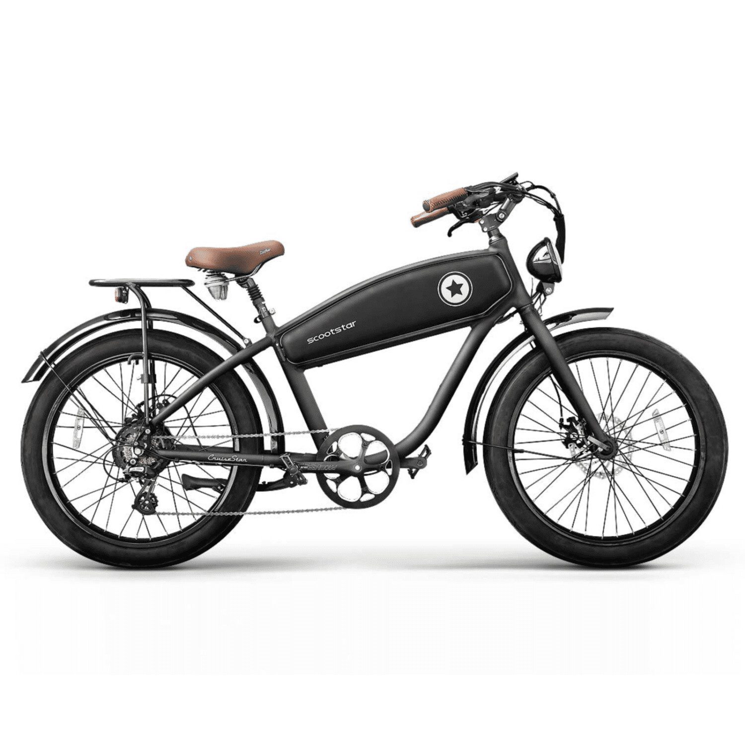 A black electric bike with brown leather seats.