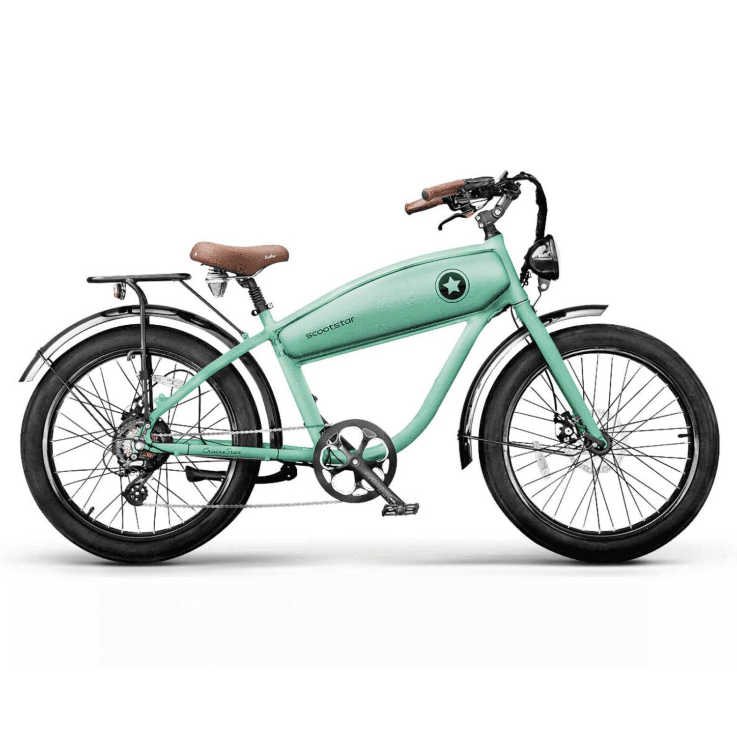 A mint green bike with brown leather seats.