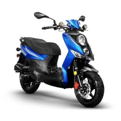 A blue scooter is parked on the ground.