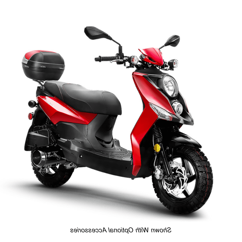 A red scooter with black accents and a seat.
