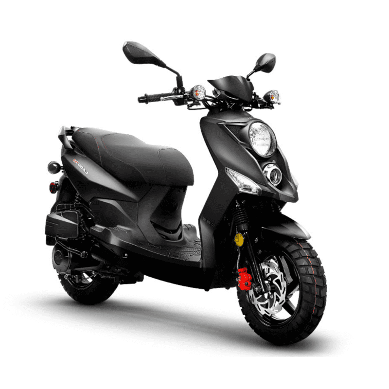 A black scooter is parked on the ground.