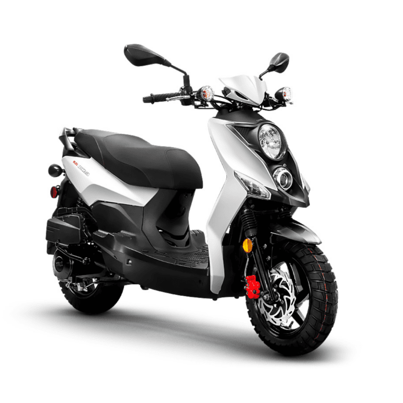 A white scooter is parked on the ground.